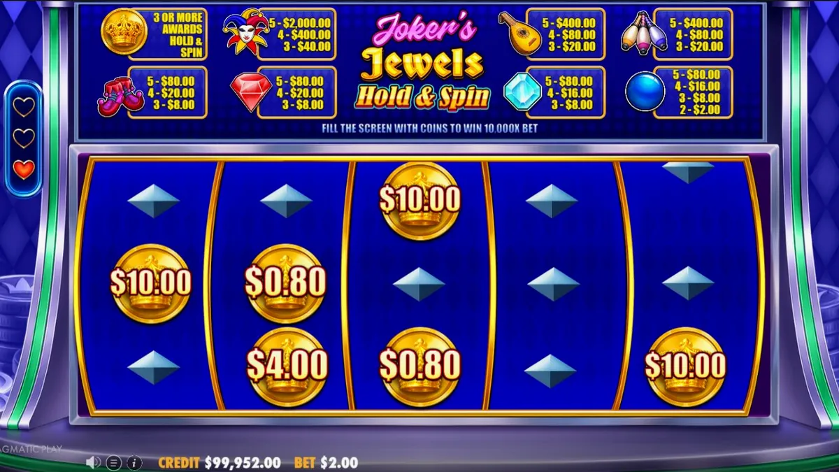 Tampilan layar permainan slot Joker’s Jewels Hold & Spin dengan gulungan 5x3, simbol Joker, dan permata berkilauan.