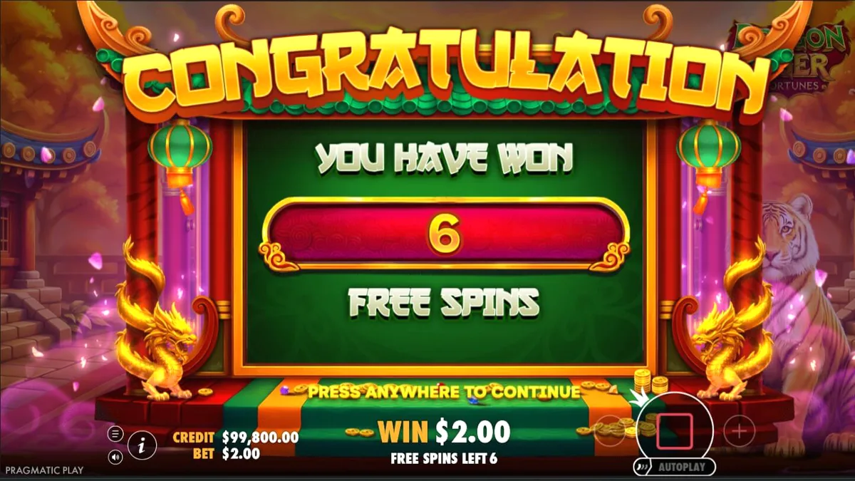 Tampilan visual slot Dragon Tiger Fortunes dengan elemen oriental