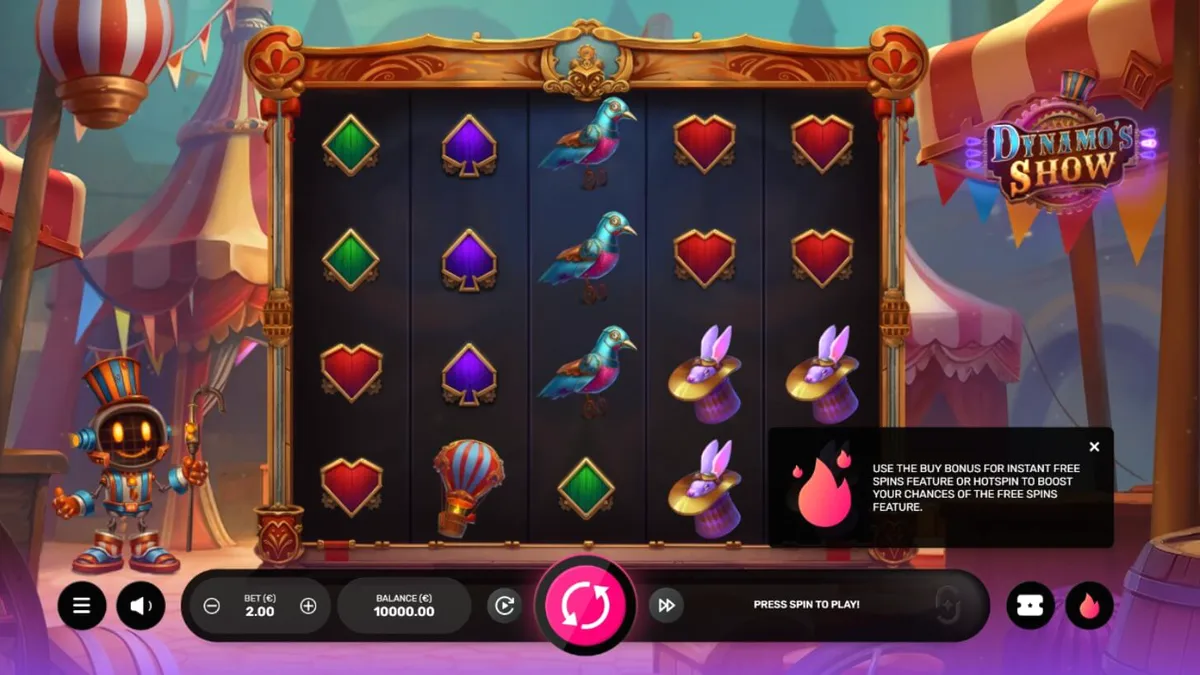 Robot ringmaster memandu pemain dalam permainan slot Dynamo’s Show