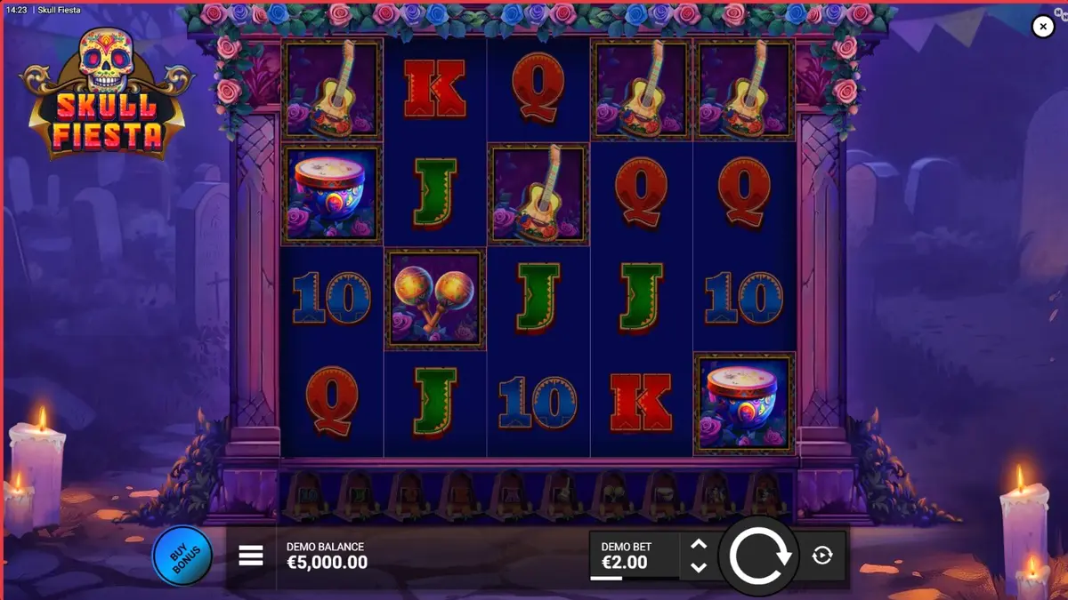 Tampilan visual slot Skull Fiesta dengan tema Day of the Dead dan simbol tengkorak yang meriah.